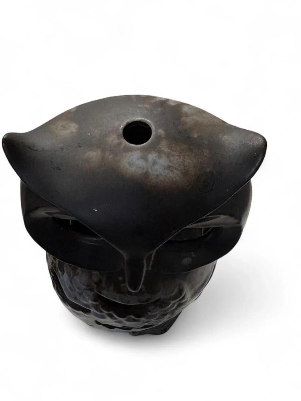 Vintage Ceramic Owl Votive Candle Holder Lantern Dark Brown Glaze Cutout 8